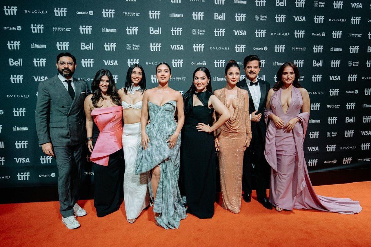 Bhumi, Shehnaaz, Kusha, Dolly, Shibani, Anil and Ekta Kapoor posed for a picture with the director of Thank You For Coming, Karan Boolani